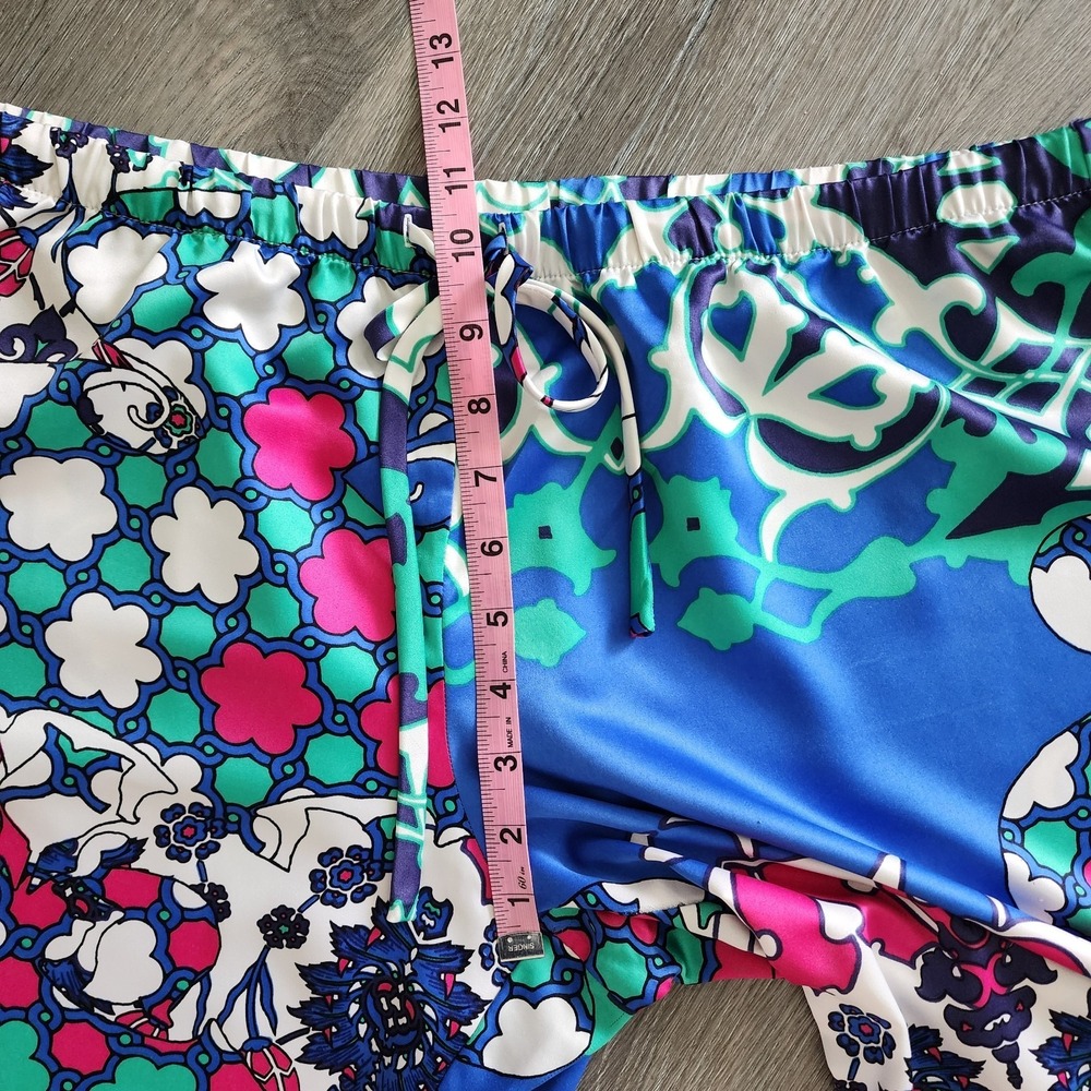 Natori Satin Pajama Set L Blue Pink Morrocan Tile Kimono Top Lounge Pants Resort - Picture 12 of 16